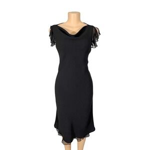 Xscape Cocktail Dress Womens 10 Black Excellent Cowl Neck Ruffle Sleeve Midi